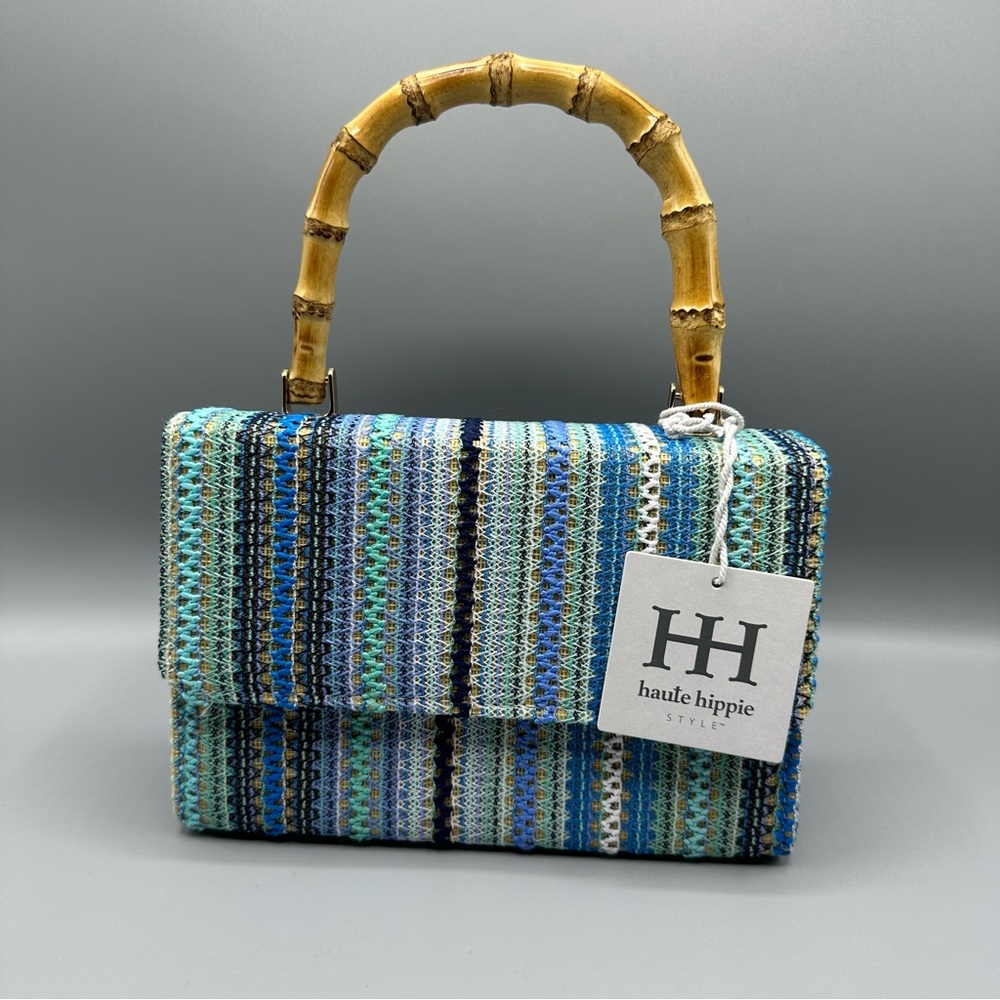 Haute hippie NEW purse wood and woven bamboo handle snap closure bag